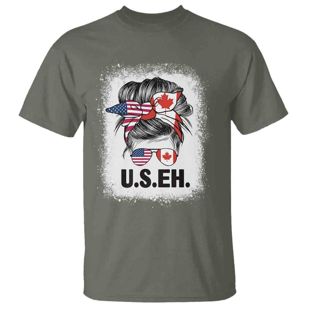 Funny American Canadan Bleached T Shirt US EH America Canada Flag Messy Bun TS02 Military Green Print Your Wear