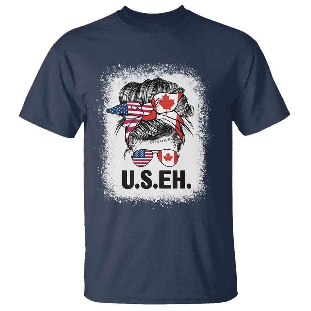 Funny American Canadan Bleached T Shirt US EH America Canada Flag Messy Bun TS02 Navy Print Your Wear