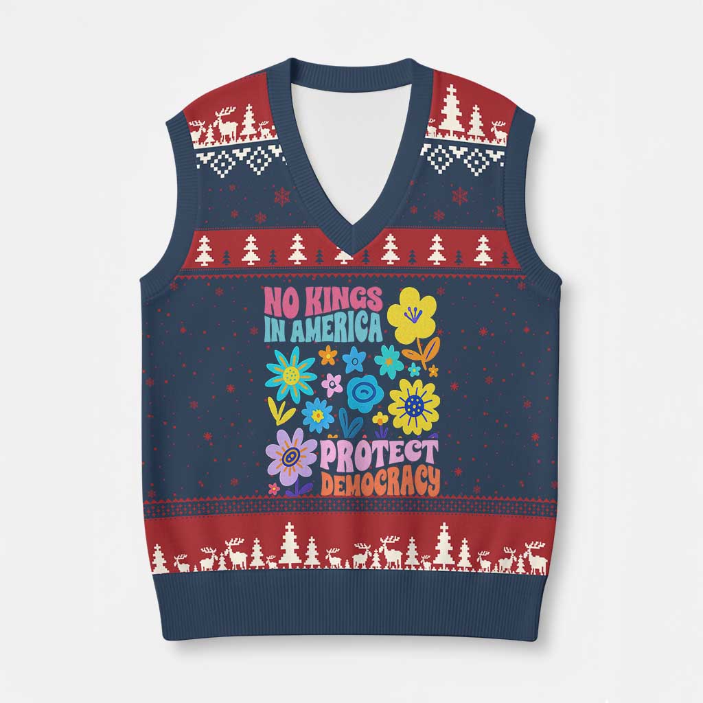 No Kings in America Protect Democracy V-Neck Knit Sweater Vest Colorful Flowers Patriotic Feminists TS02 Navy Red Print Your Wear