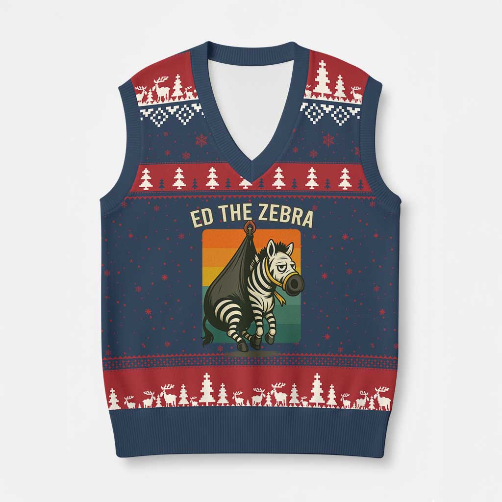 Retro Ed the Zebra Meme V-Neck Knit Sweater Vest Funny Viral Escape Animal TS02 Navy Red Print Your Wear