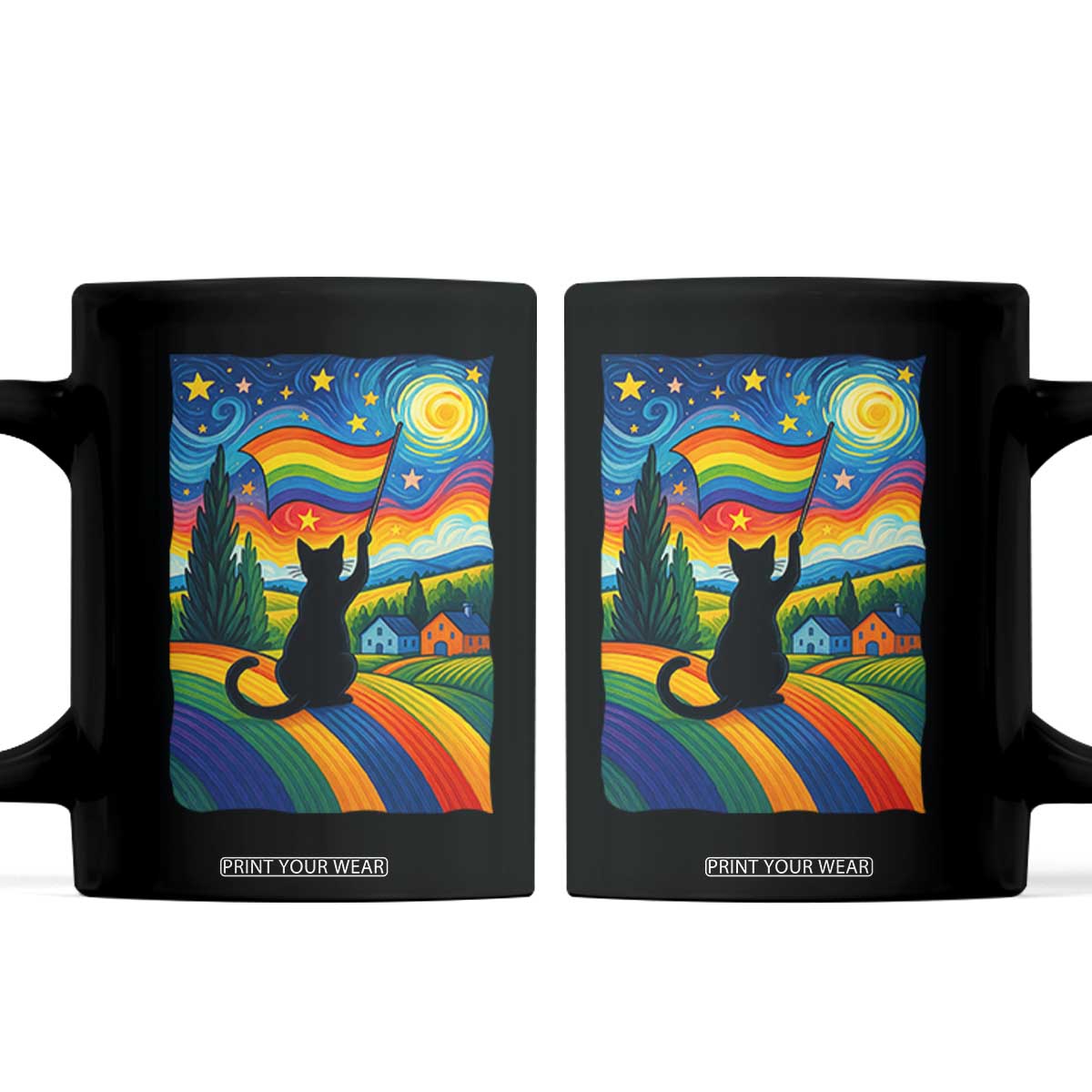 Whimsical Black Cat Pride Flag Coffee Mug Colorful LGBTQ Rainbow TS02 Black Print Your Wear