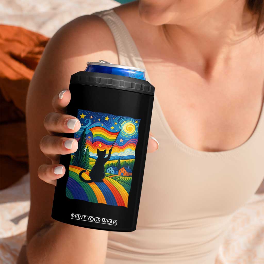 Whimsical Black Cat Pride Flag 4 in 1 Can Cooler Tumbler Colorful LGBTQ Rainbow TS02 Print Your Wear