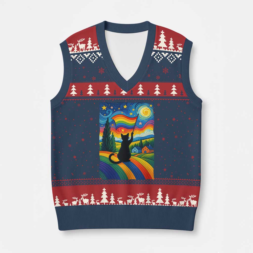 Whimsical Black Cat Pride Flag V-Neck Knit Sweater Vest Colorful LGBTQ Rainbow TS02 Navy Red Print Your Wear