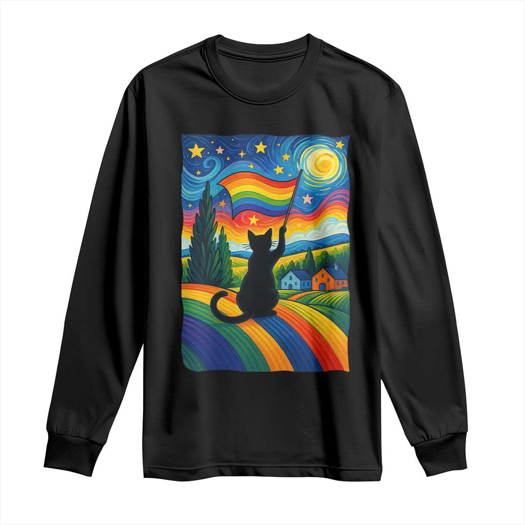 Whimsical Black Cat Pride Flag Long Sleeve Shirt Colorful LGBTQ Rainbow TS02 Black Print Your Wear