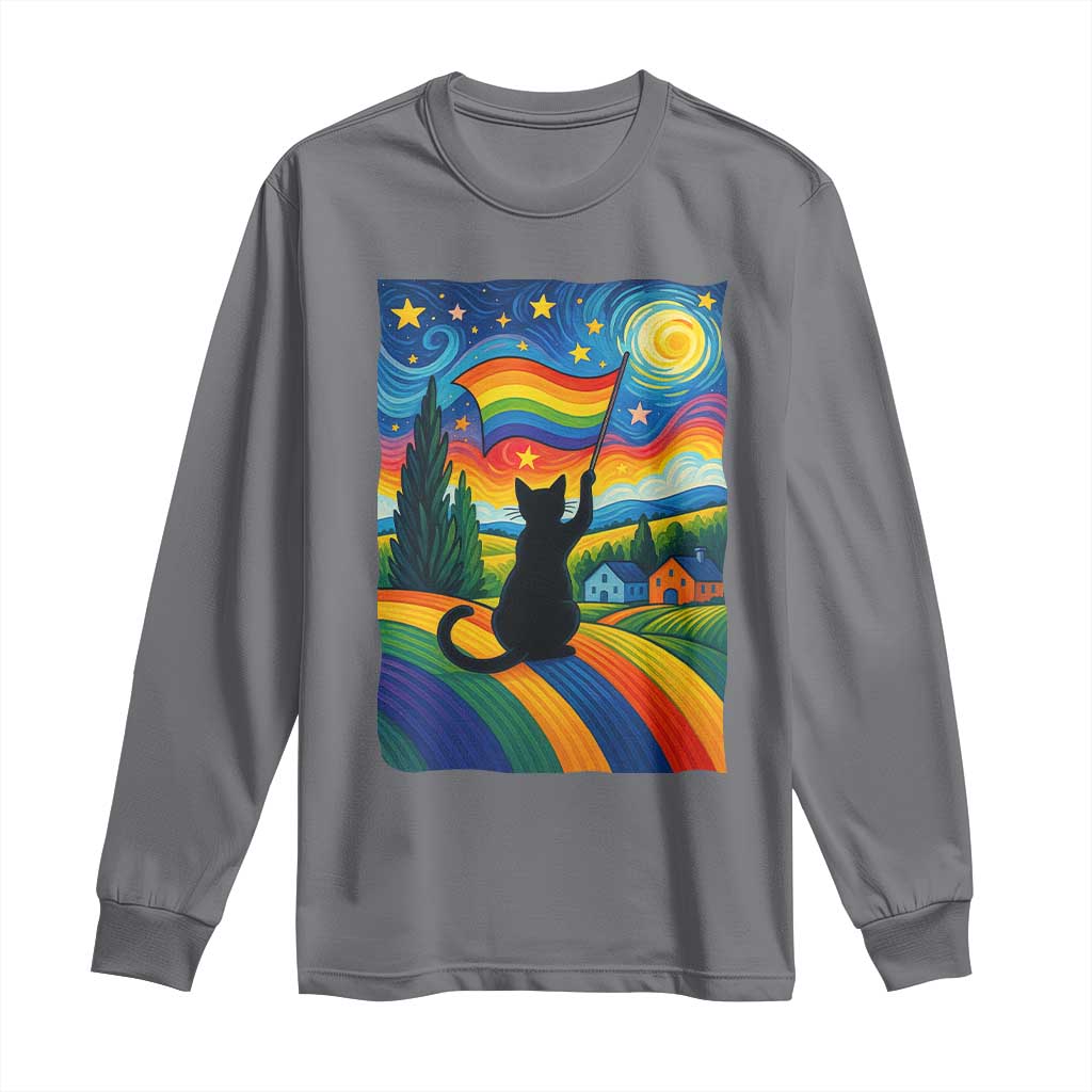 Whimsical Black Cat Pride Flag Long Sleeve Shirt Colorful LGBTQ Rainbow TS02 Charcoal Print Your Wear