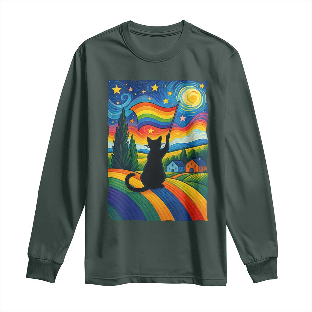 Whimsical Black Cat Pride Flag Long Sleeve Shirt Colorful LGBTQ Rainbow TS02 Dark Forest Green Print Your Wear
