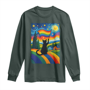 Whimsical Black Cat Pride Flag Long Sleeve Shirt Colorful LGBTQ Rainbow TS02 Dark Forest Green Print Your Wear