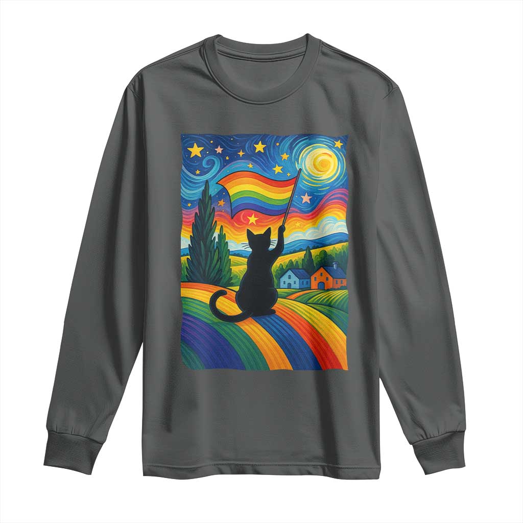 Whimsical Black Cat Pride Flag Long Sleeve Shirt Colorful LGBTQ Rainbow TS02 Dark Heather Print Your Wear