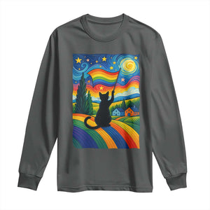 Whimsical Black Cat Pride Flag Long Sleeve Shirt Colorful LGBTQ Rainbow TS02 Dark Heather Print Your Wear
