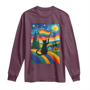 Whimsical Black Cat Pride Flag Long Sleeve Shirt Colorful LGBTQ Rainbow TS02 Maroon Print Your Wear