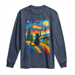 Whimsical Black Cat Pride Flag Long Sleeve Shirt Colorful LGBTQ Rainbow TS02 Navy Print Your Wear
