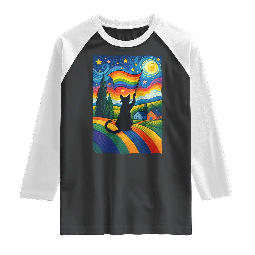 Whimsical Black Cat Pride Flag Raglan Shirt Colorful LGBTQ Rainbow TS02 Black White Print Your Wear