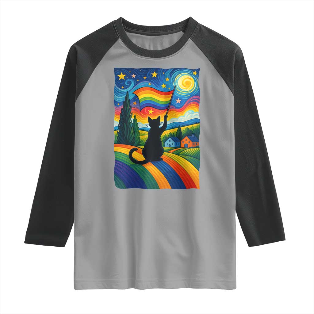 Whimsical Black Cat Pride Flag Raglan Shirt Colorful LGBTQ Rainbow TS02 Sport Gray Black Print Your Wear