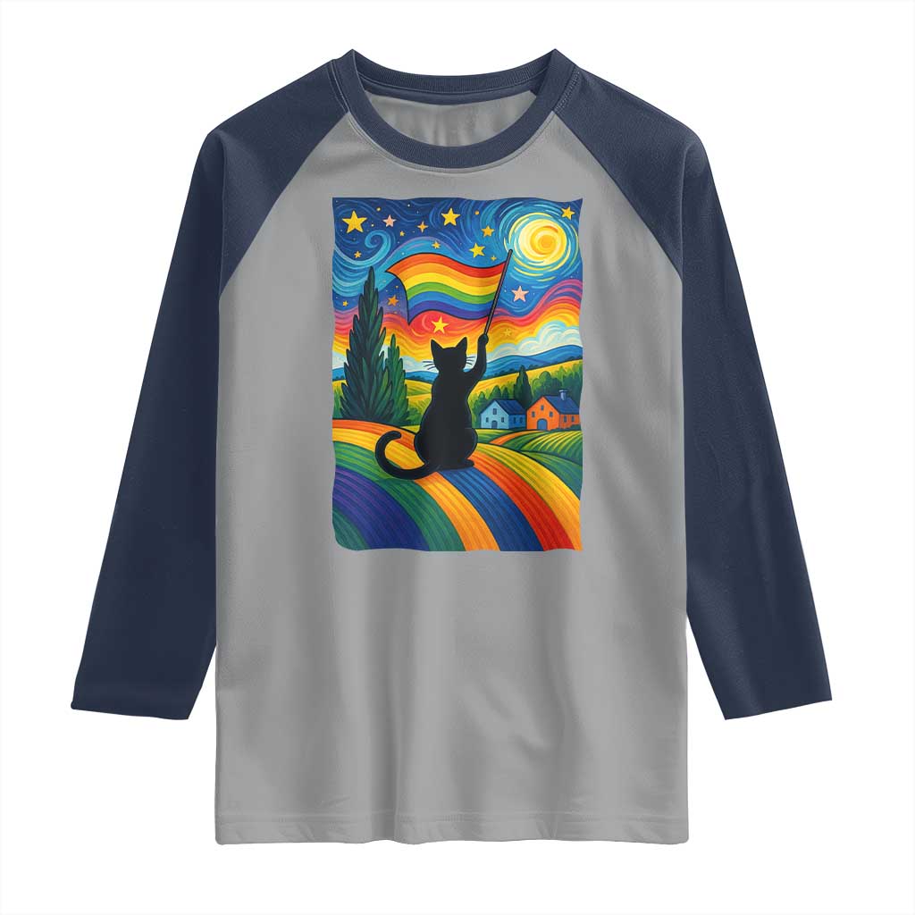 Whimsical Black Cat Pride Flag Raglan Shirt Colorful LGBTQ Rainbow TS02 Sport Gray Navy Print Your Wear