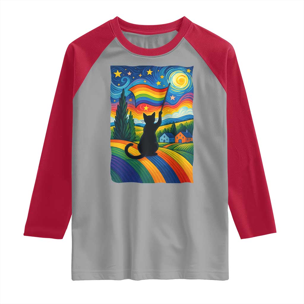 Whimsical Black Cat Pride Flag Raglan Shirt Colorful LGBTQ Rainbow TS02 Sport Gray Red Print Your Wear