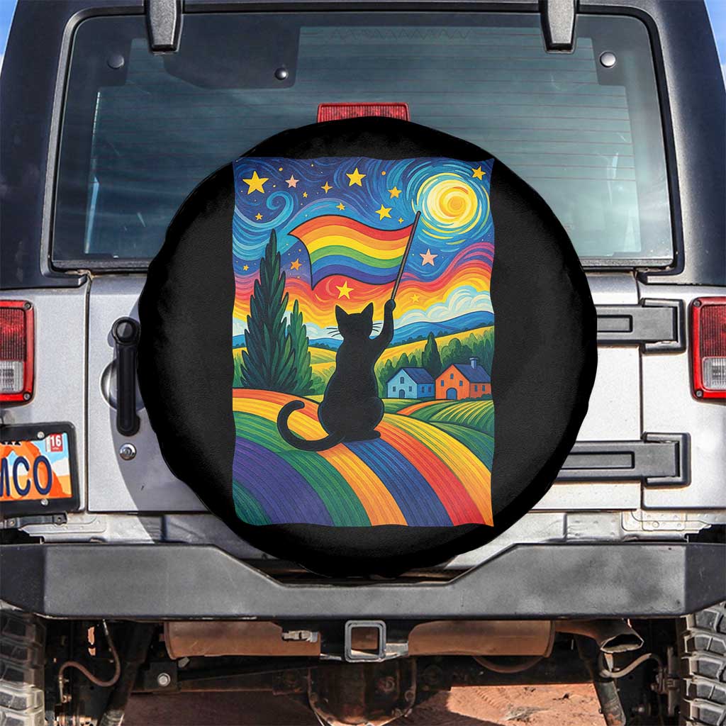 Whimsical Black Cat Pride Flag Spare Tire Cover Colorful LGBTQ Rainbow TS02 No hole Black Print Your Wear