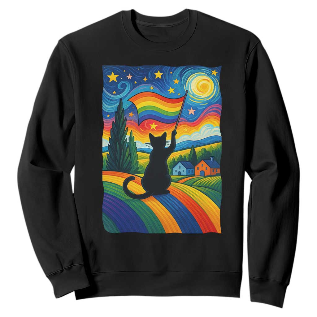 Whimsical Black Cat Pride Flag Sweatshirt Colorful LGBTQ Rainbow TS02 Black Print Your Wear