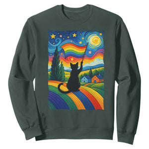 Whimsical Black Cat Pride Flag Sweatshirt Colorful LGBTQ Rainbow TS02 Dark Forest Green Print Your Wear