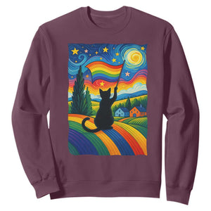 Whimsical Black Cat Pride Flag Sweatshirt Colorful LGBTQ Rainbow TS02 Maroon Print Your Wear
