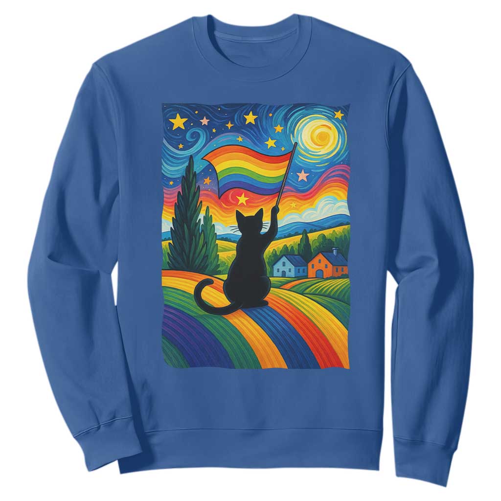 Whimsical Black Cat Pride Flag Sweatshirt Colorful LGBTQ Rainbow TS02 Royal Blue Print Your Wear