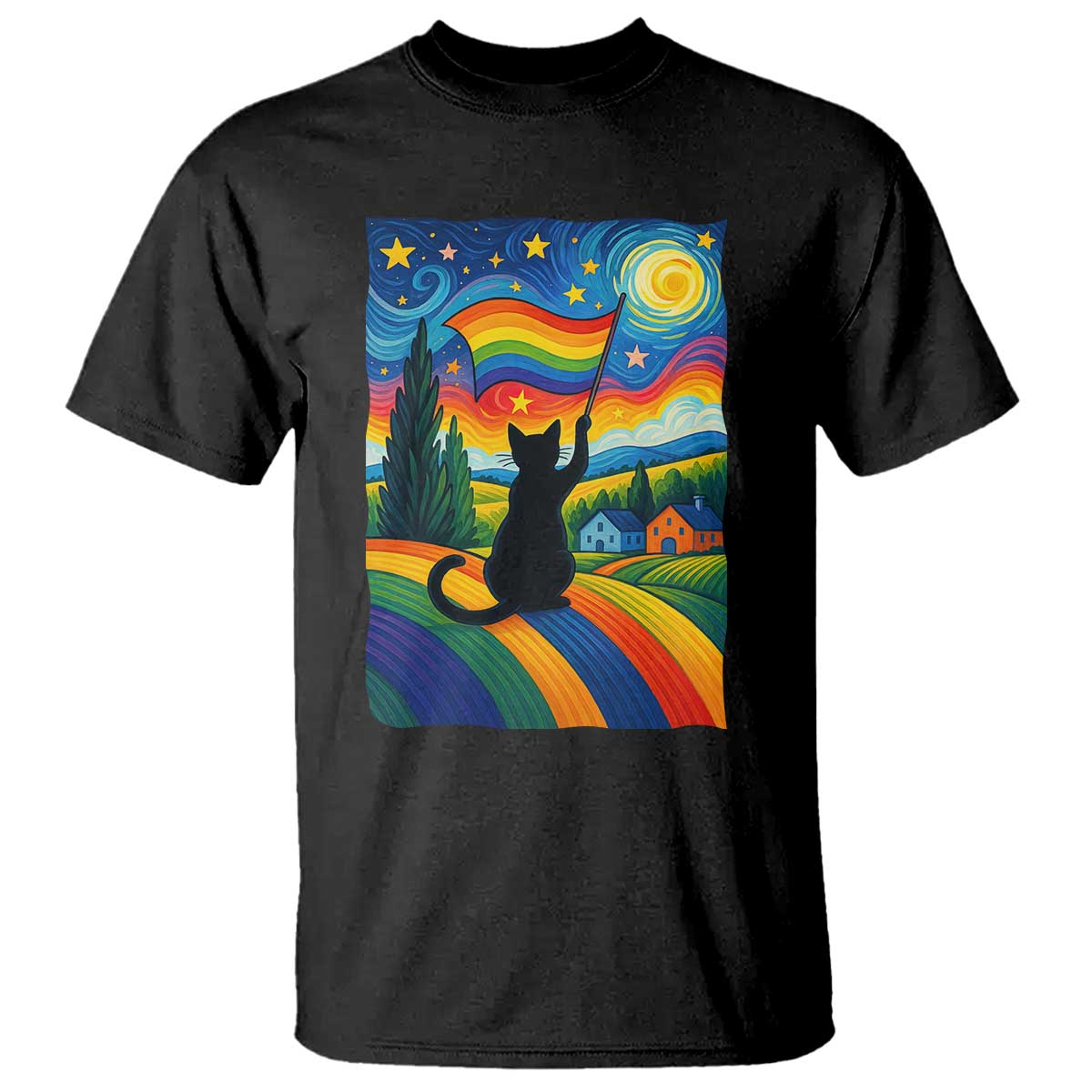 Whimsical Black Cat Pride Flag T Shirt Colorful LGBTQ Rainbow TS02 Black Print Your Wear
