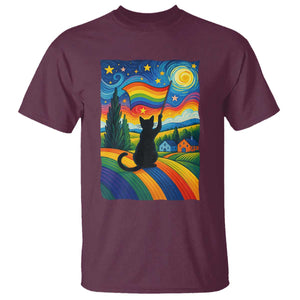Whimsical Black Cat Pride Flag T Shirt Colorful LGBTQ Rainbow TS02 Maroon Print Your Wear
