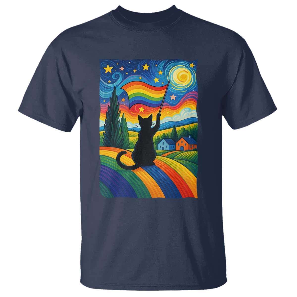 Whimsical Black Cat Pride Flag T Shirt Colorful LGBTQ Rainbow TS02 Navy Print Your Wear