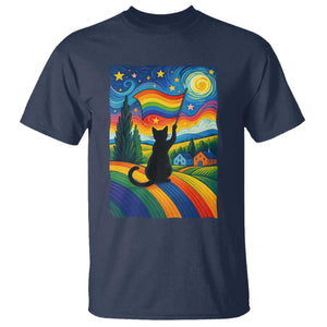 Whimsical Black Cat Pride Flag T Shirt Colorful LGBTQ Rainbow TS02 Navy Print Your Wear