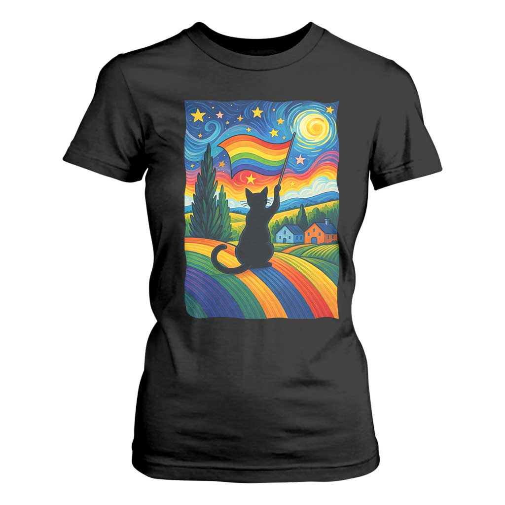 Whimsical Black Cat Pride Flag T Shirt For Women Colorful LGBTQ Rainbow TS02 Black Print Your Wear