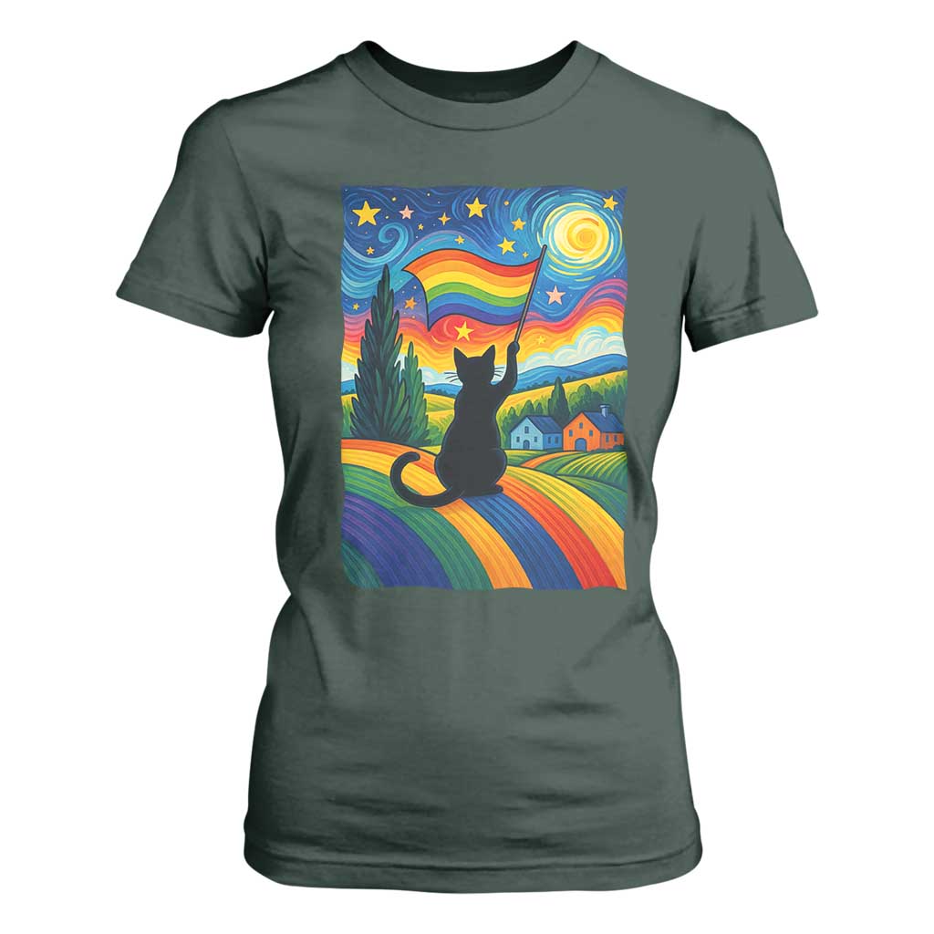 Whimsical Black Cat Pride Flag T Shirt For Women Colorful LGBTQ Rainbow TS02 Dark Forest Green Print Your Wear