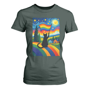 Whimsical Black Cat Pride Flag T Shirt For Women Colorful LGBTQ Rainbow TS02 Dark Forest Green Print Your Wear