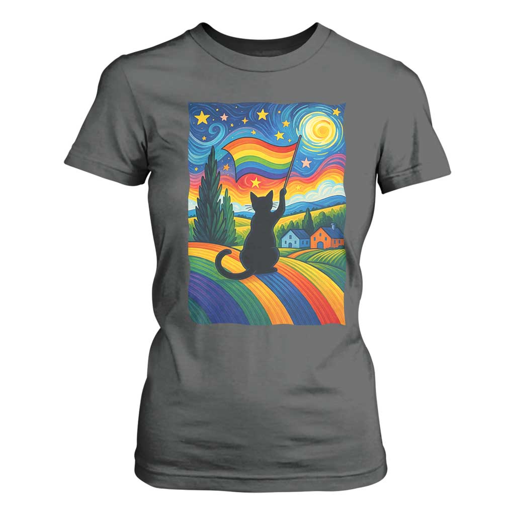 Whimsical Black Cat Pride Flag T Shirt For Women Colorful LGBTQ Rainbow TS02 Dark Heather Print Your Wear
