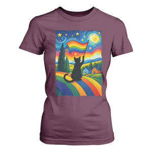Whimsical Black Cat Pride Flag T Shirt For Women Colorful LGBTQ Rainbow TS02 Maroon Print Your Wear