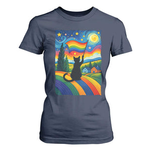 Whimsical Black Cat Pride Flag T Shirt For Women Colorful LGBTQ Rainbow TS02 Navy Print Your Wear