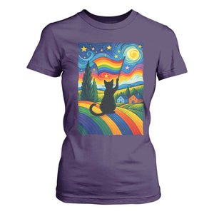 Whimsical Black Cat Pride Flag T Shirt For Women Colorful LGBTQ Rainbow TS02 Purple Print Your Wear