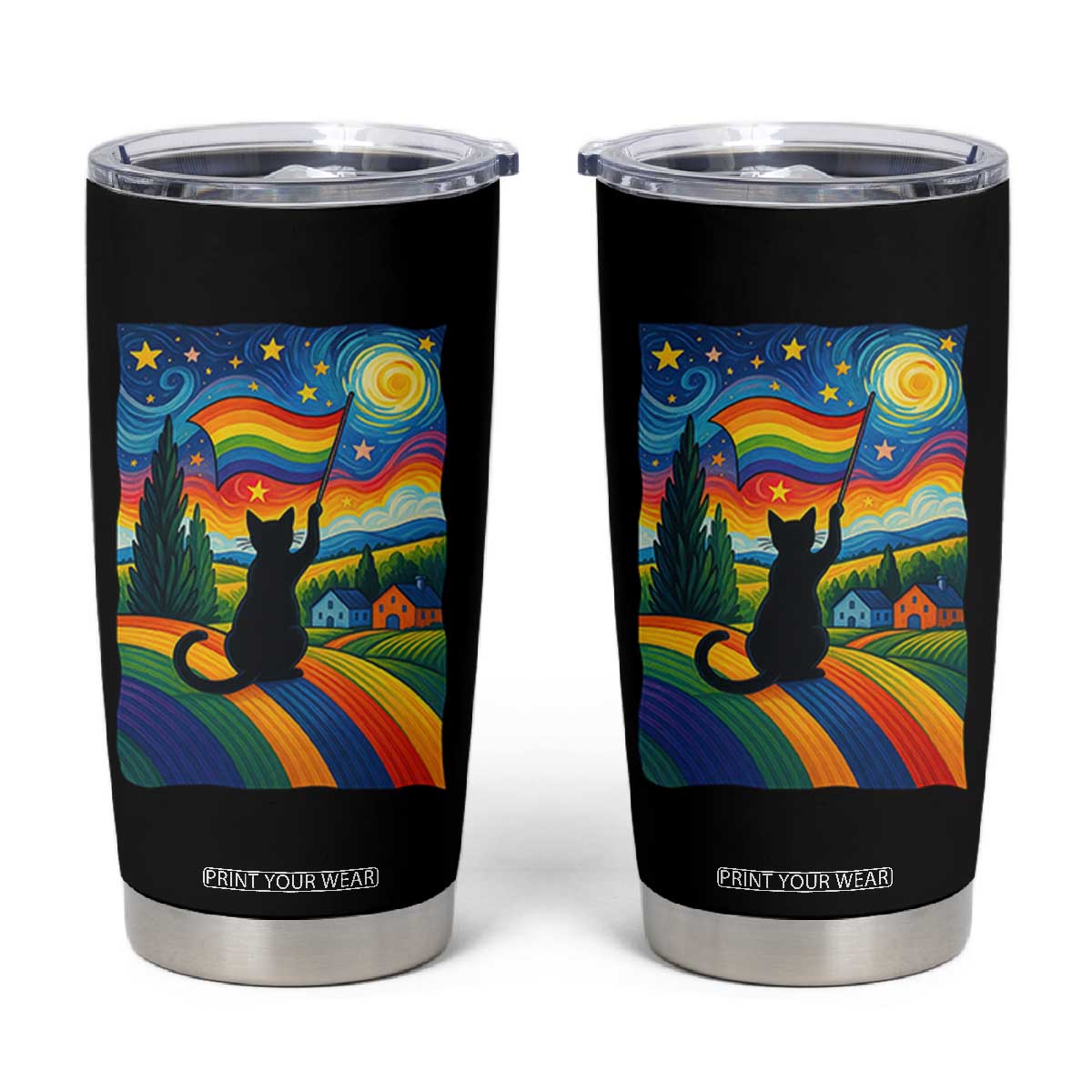 Whimsical Black Cat Pride Flag Tumbler Cup Colorful LGBTQ Rainbow TS02 Black Print Your Wear