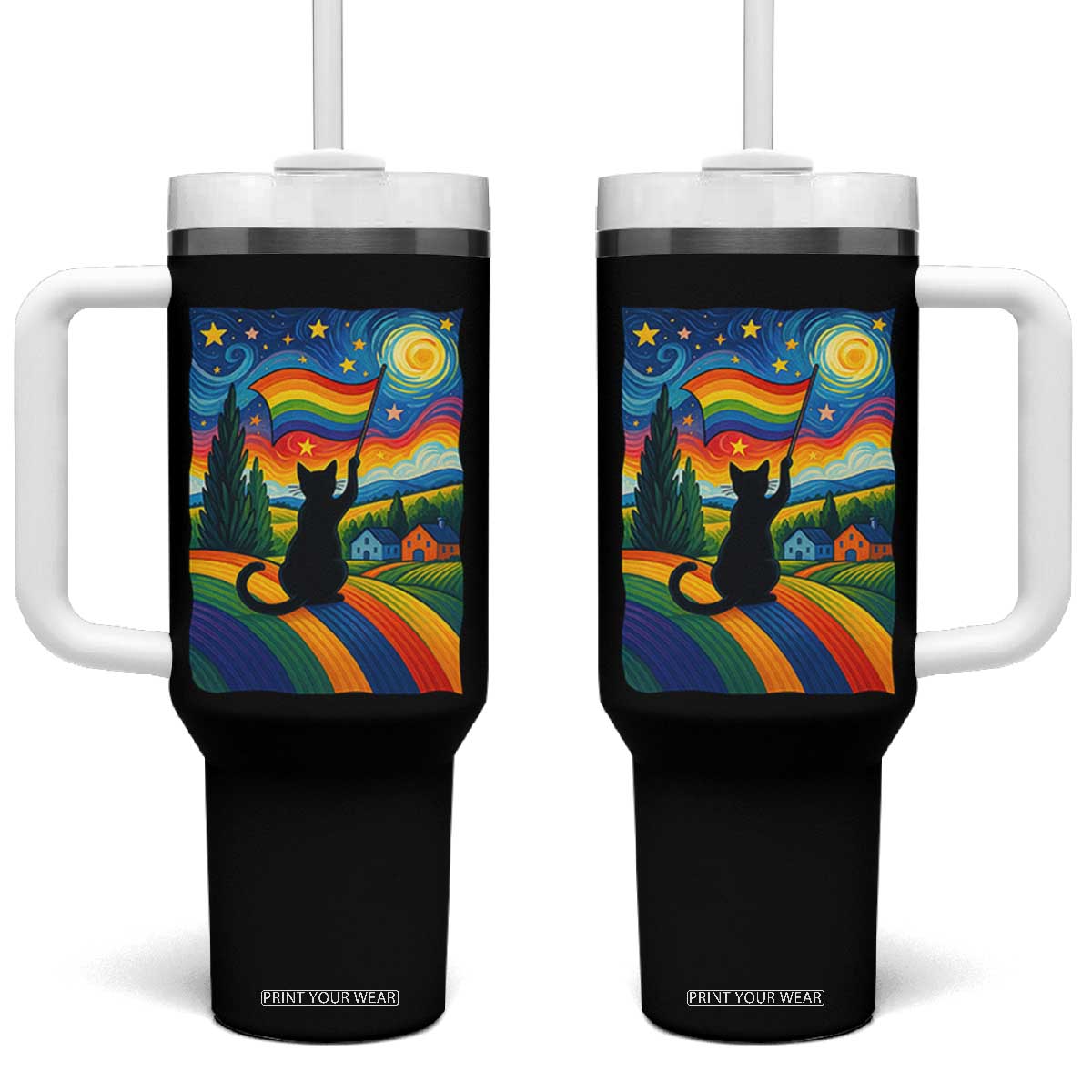 Whimsical Black Cat Pride Flag Tumbler With Handle Colorful LGBTQ Rainbow TS02 One Size: 40 oz Black Print Your Wear
