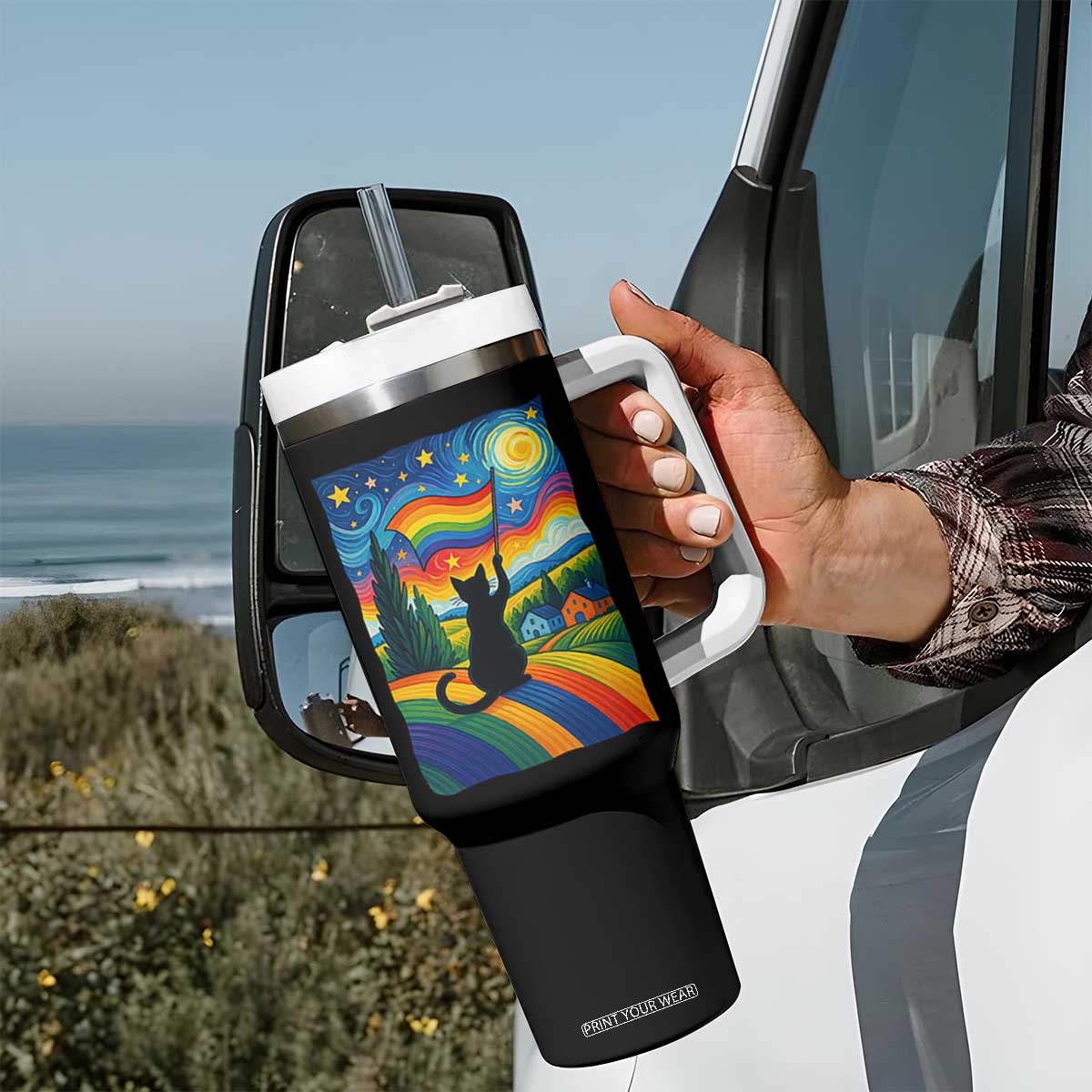 Whimsical Black Cat Pride Flag Tumbler With Handle Colorful LGBTQ Rainbow TS02 Print Your Wear