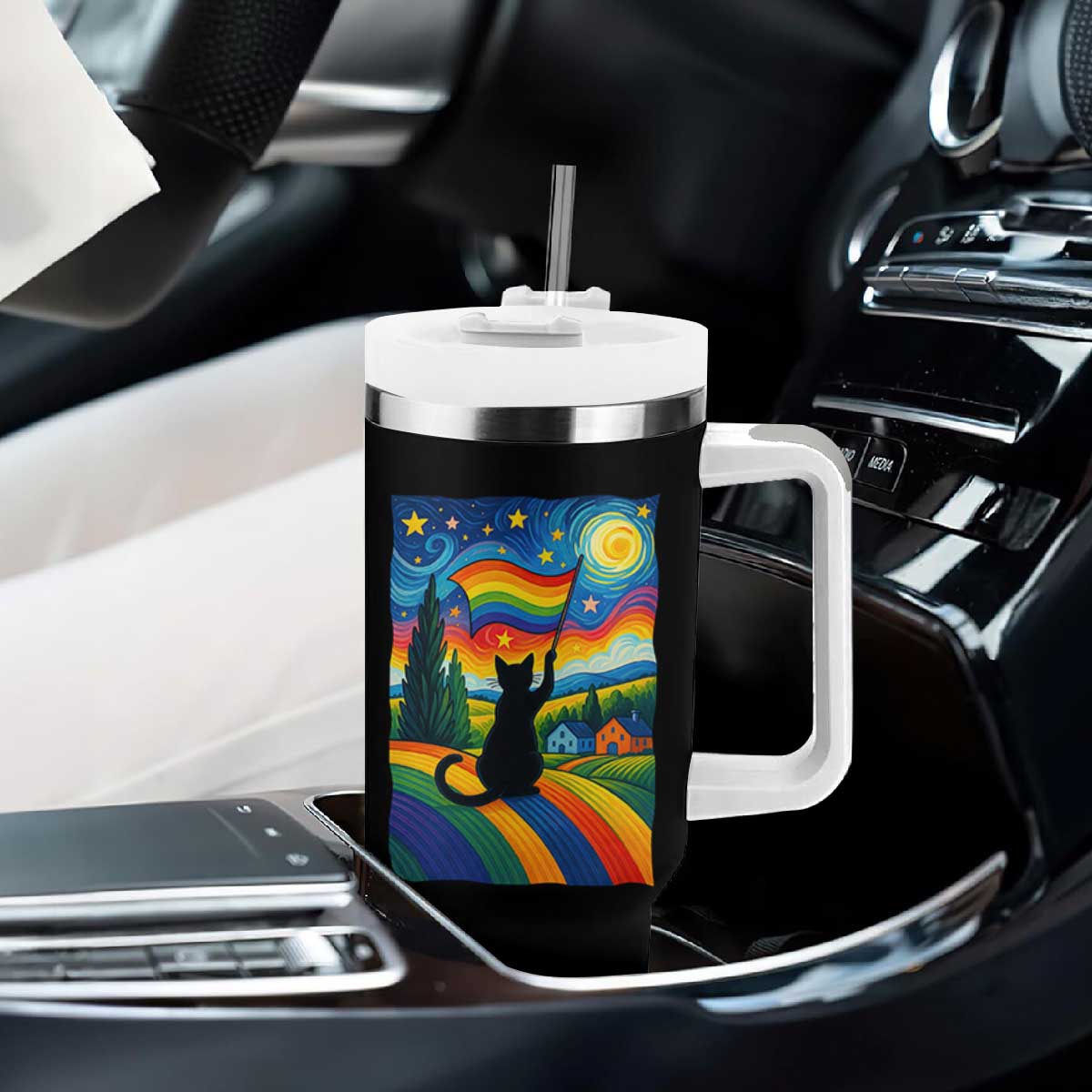 Whimsical Black Cat Pride Flag Tumbler With Handle Colorful LGBTQ Rainbow TS02 Print Your Wear