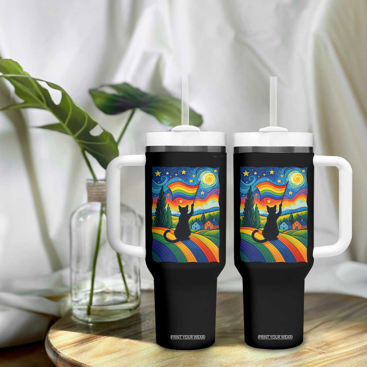 Whimsical Black Cat Pride Flag Tumbler With Handle Colorful LGBTQ Rainbow TS02 Print Your Wear