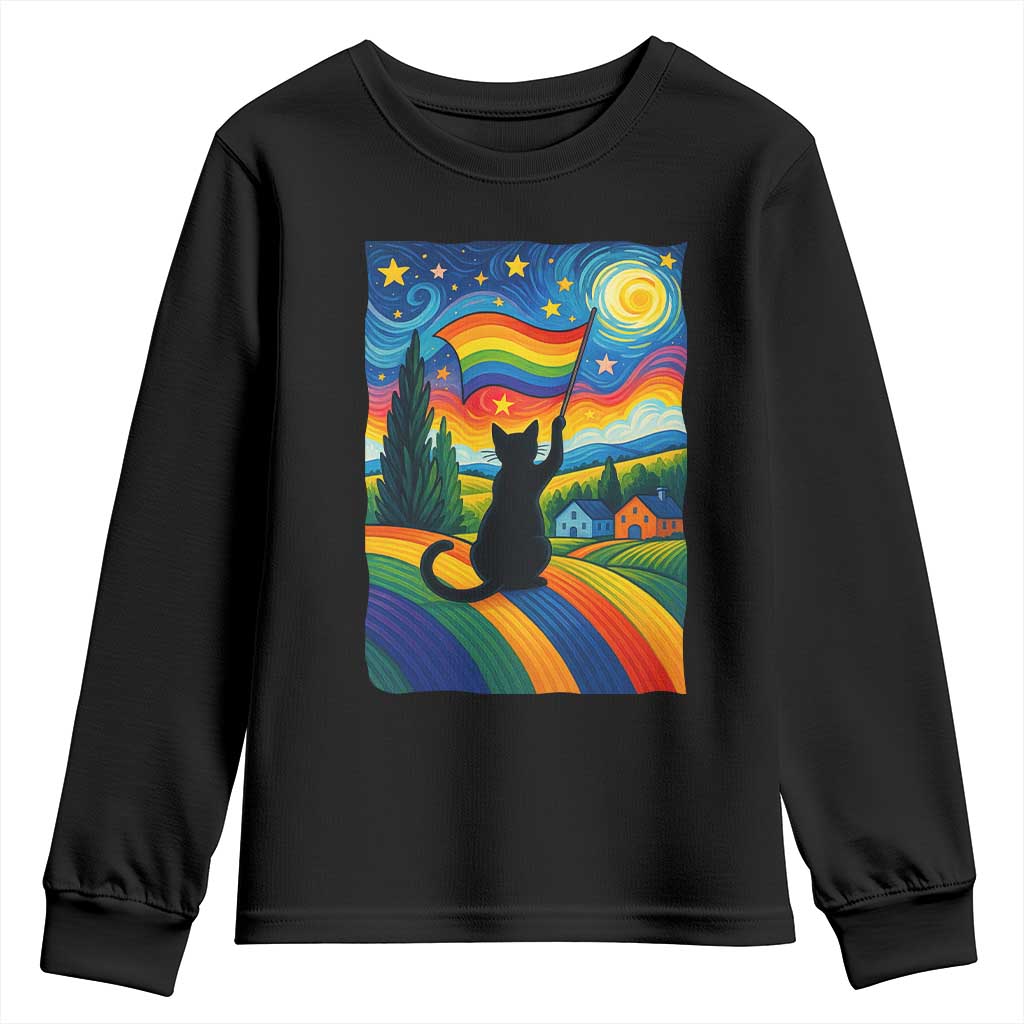 Whimsical Black Cat Pride Flag Youth Sweatshirt Colorful LGBTQ Rainbow TS02 Black Print Your Wear
