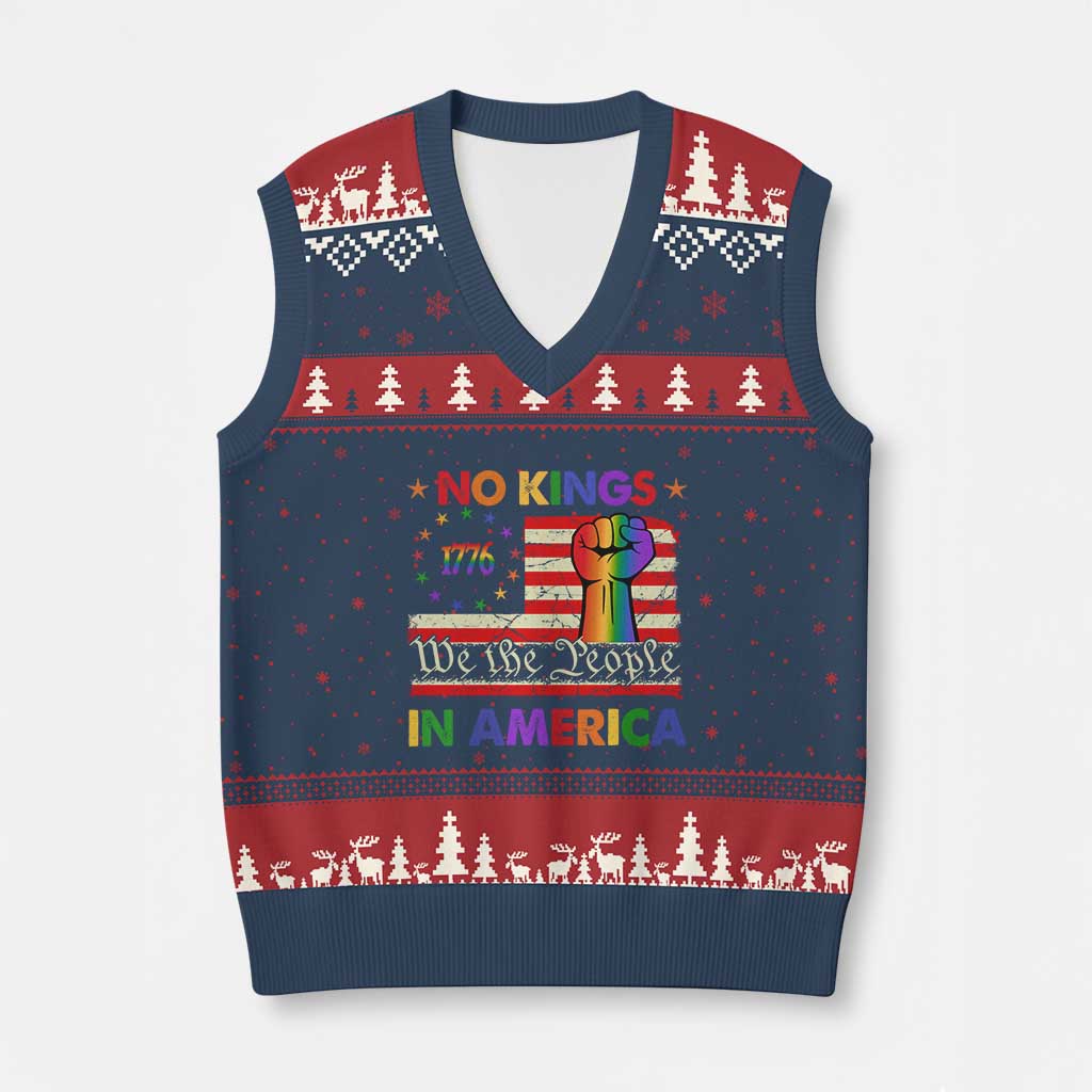 No Kings In America Rainbow Flag V-Neck Knit Sweater Vest TS02 Navy Red Print Your Wear
