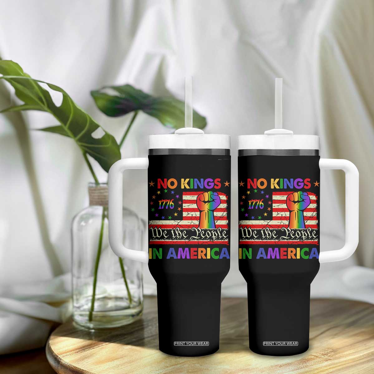 No Kings In America Rainbow Flag Tumbler With Handle TS02 Print Your Wear