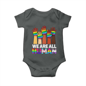 We Are All Human Rainbow Hands Baby Onesie LGBTQ+ Unity Equality Pride Month TS02 Dark Heather Print Your Wear