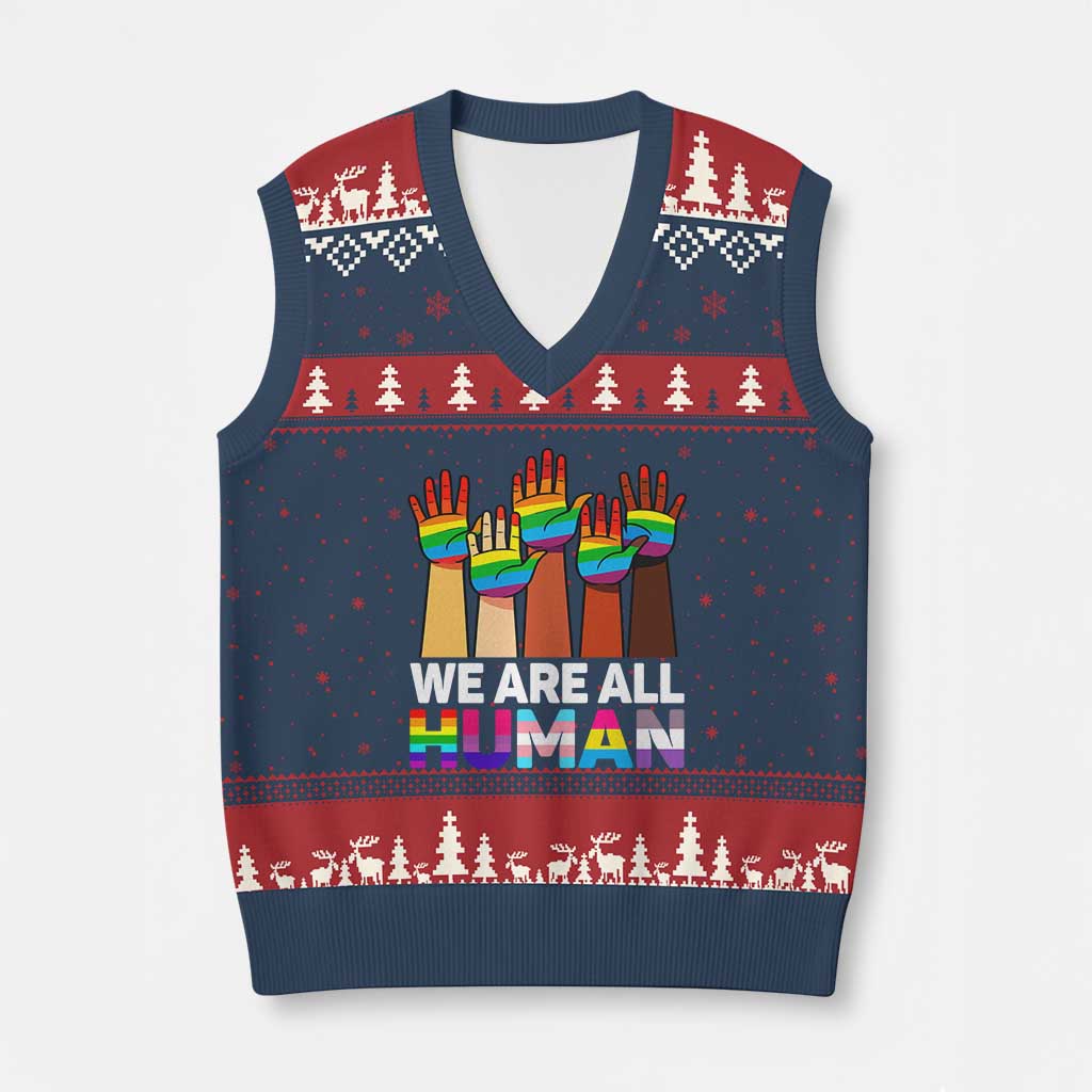 We Are All Human Rainbow Hands V-Neck Knit Sweater Vest LGBTQ+ Unity Equality Pride Month TS02 Navy Red Print Your Wear