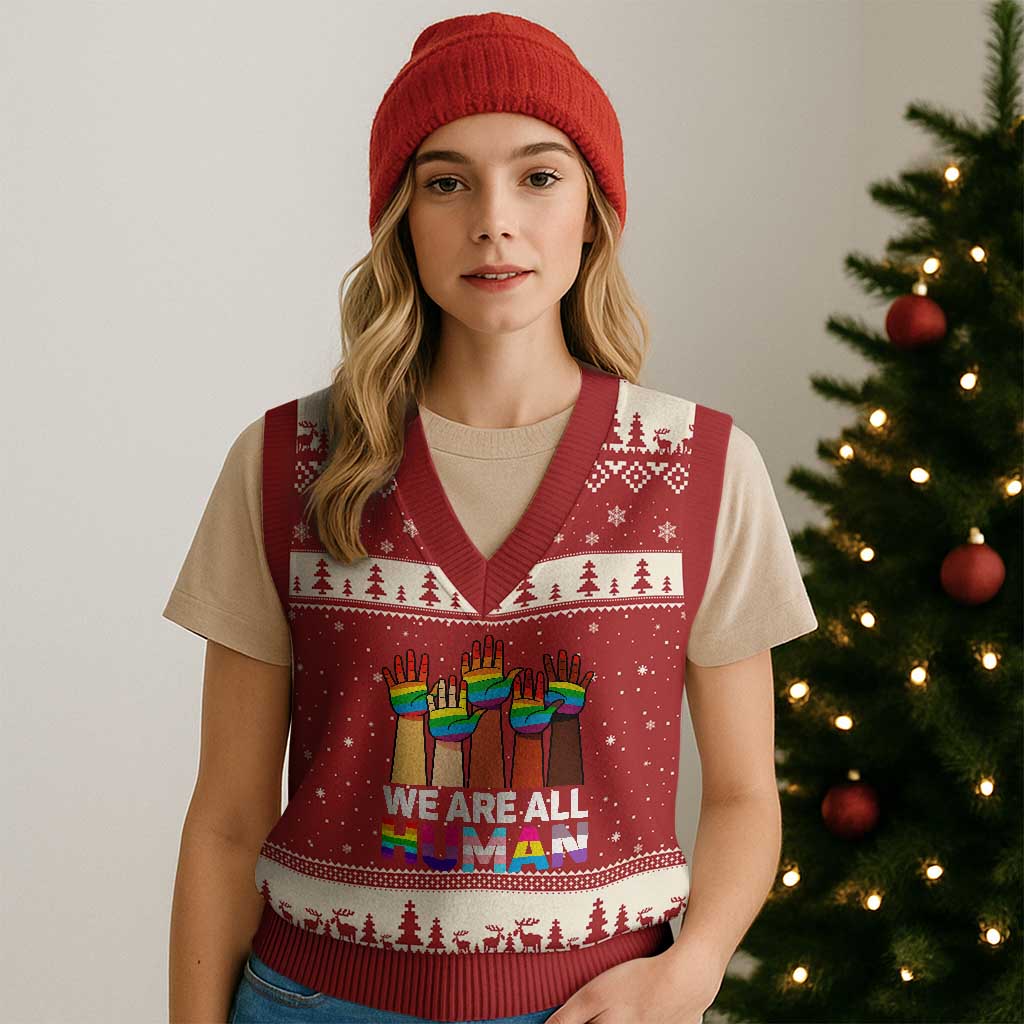 We Are All Human Rainbow Hands V-Neck Knit Sweater Vest LGBTQ+ Unity Equality Pride Month TS02 Red Beige Print Your Wear