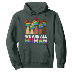 We Are All Human Rainbow Hands Hoodie LGBTQ+ Unity Equality Pride Month TS02 Dark Forest Green Print Your Wear