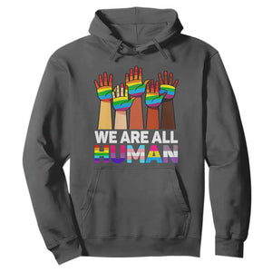 We Are All Human Rainbow Hands Hoodie LGBTQ+ Unity Equality Pride Month TS02 Dark Heather Print Your Wear