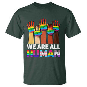 We Are All Human Rainbow Hands T Shirt LGBTQ+ Unity Equality Pride Month TS02 Dark Forest Green Print Your Wear