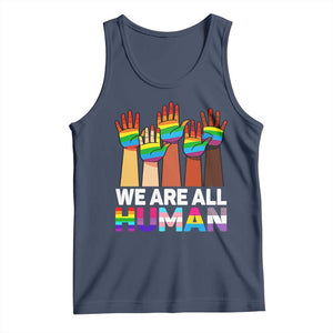 We Are All Human Rainbow Hands Tank Top LGBTQ+ Unity Equality Pride Month TS02 Navy Print Your Wear